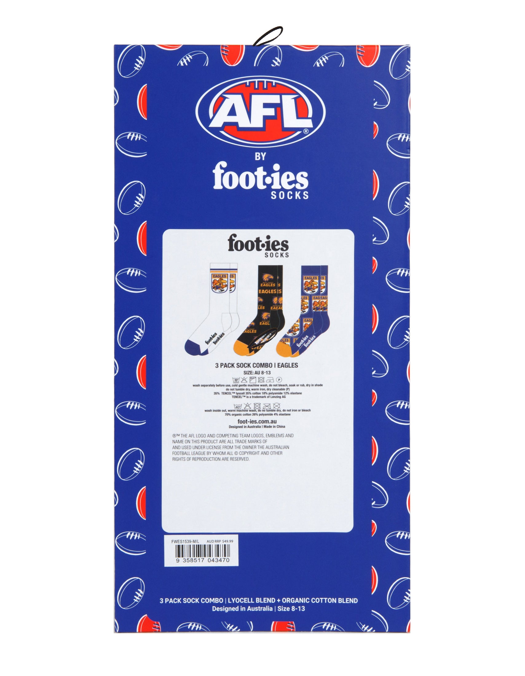 WEST COAST EAGLES 3 PACK SOCKS- GIFT BOX - MULTI - M/L